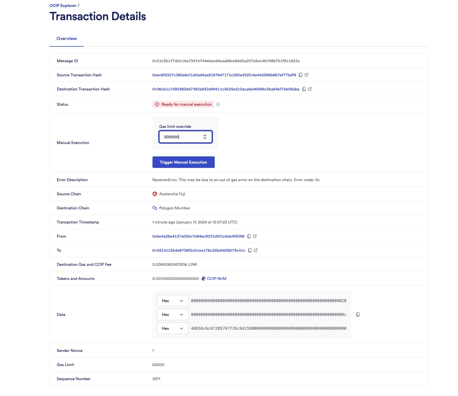 Chainlink CCIP Mumbai - override gas limit